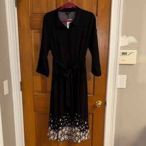 NWT midi shirt dress in black with pale pink flowers at hem. Sz 2 fits like 1.